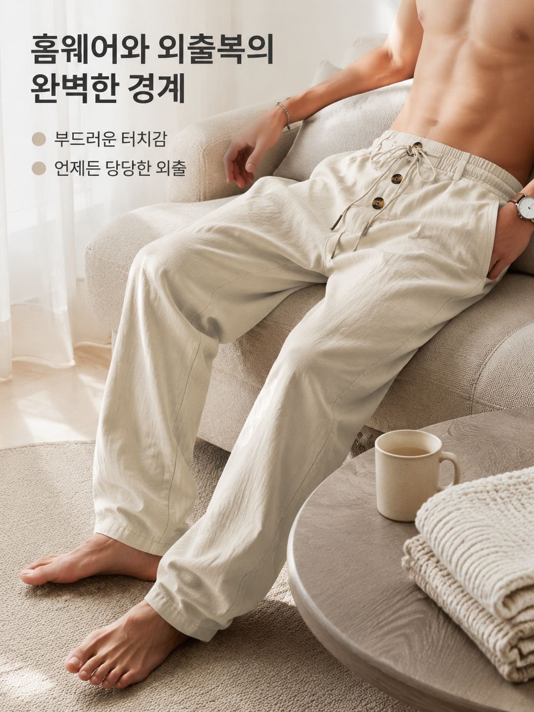 남성 린넨 루즈핏 캐주얼 팬츠 전체 이미지