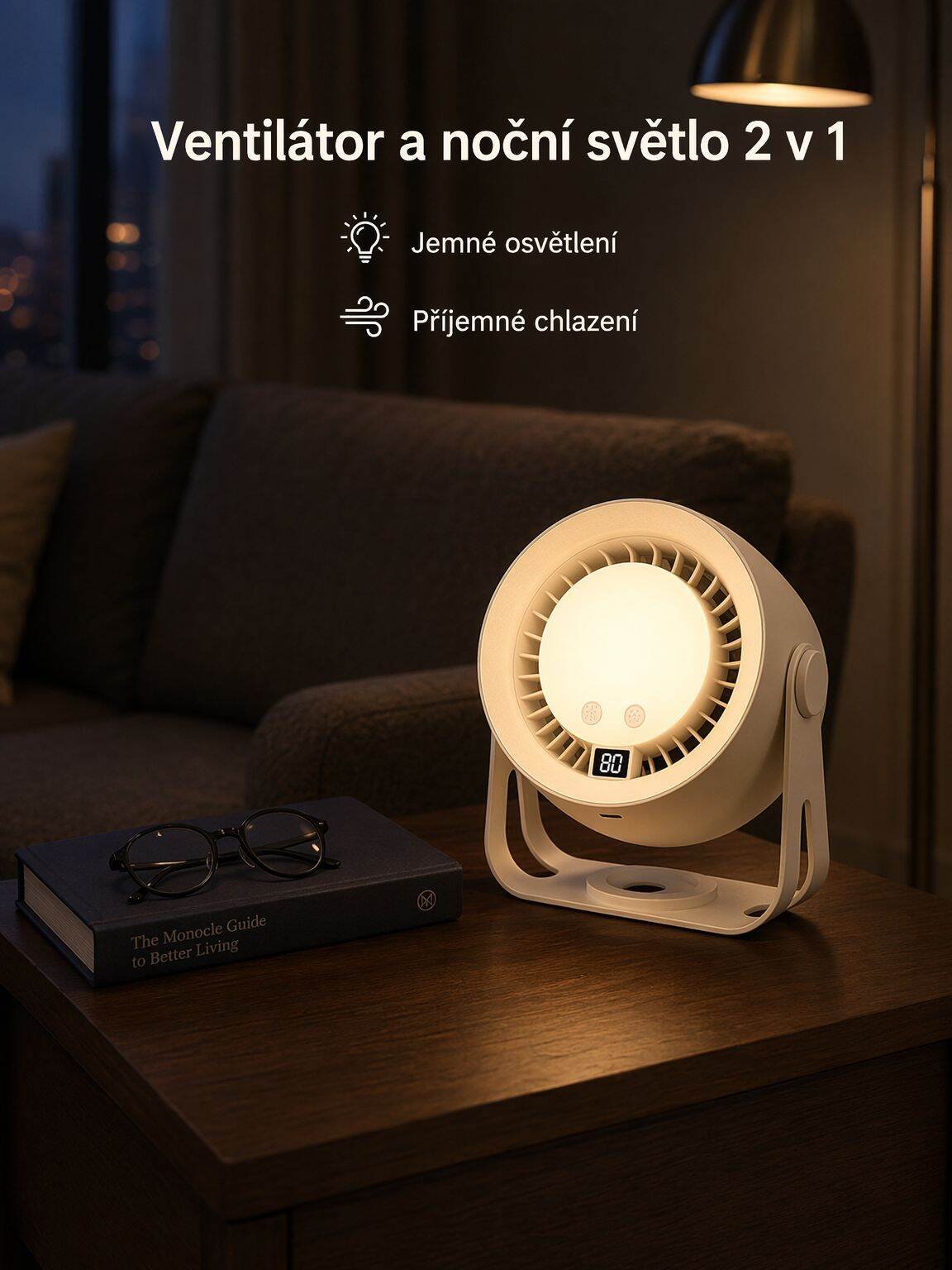 Stolní chytrý ventilátor a noční světlo 2 v 1, USB nabíjení pro domácnost