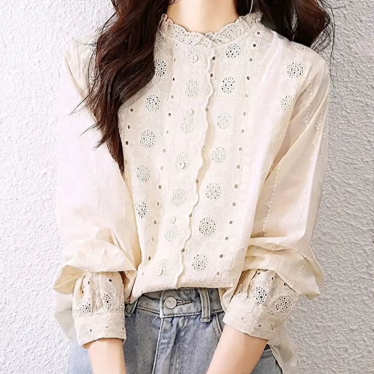 가을 레이스 카라 살구색 여성 긴팔 자수 플라워 셔츠