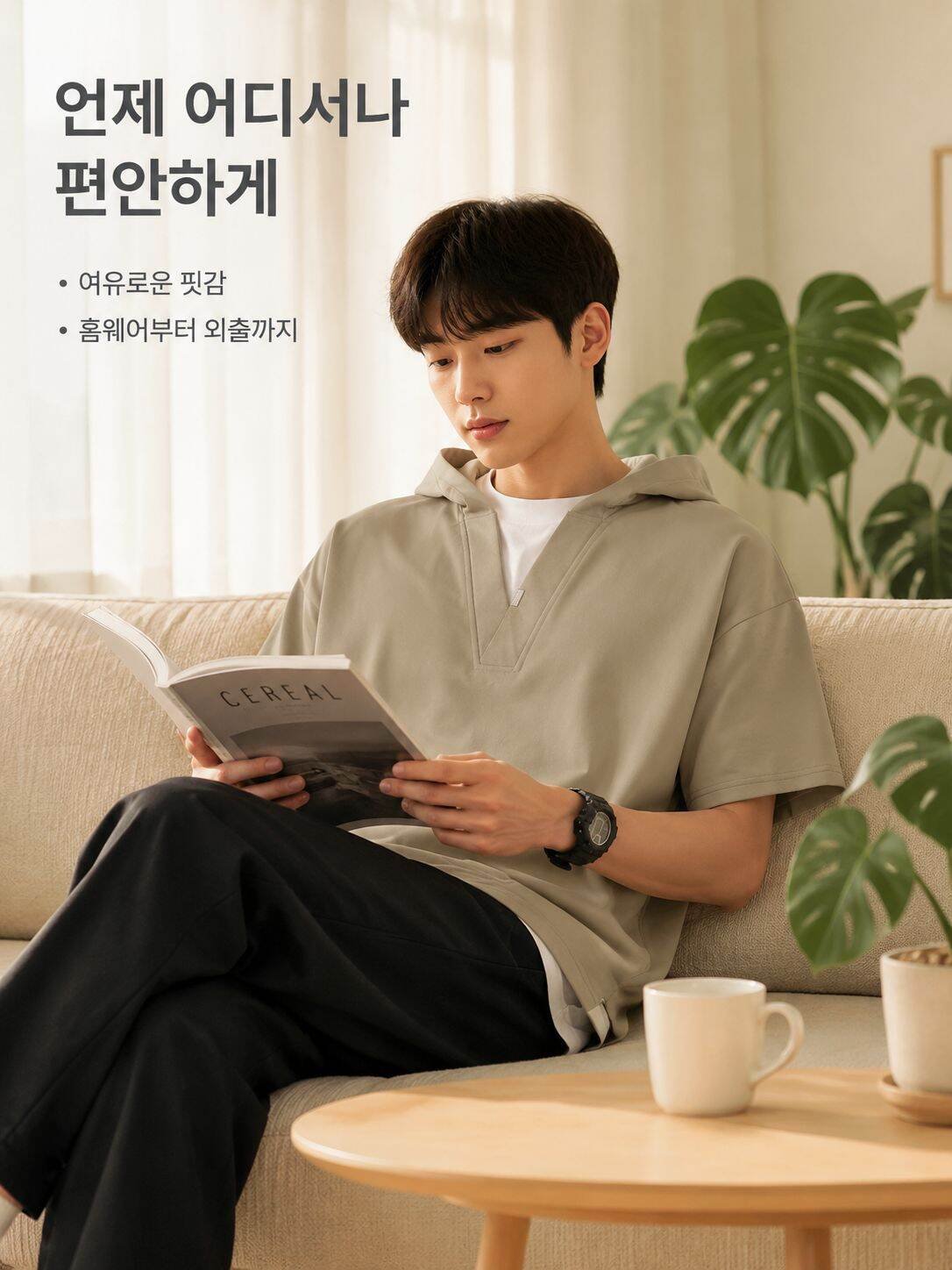 남성용 후드 반팔 V넥 반오픈 티셔츠 정면 착용샷