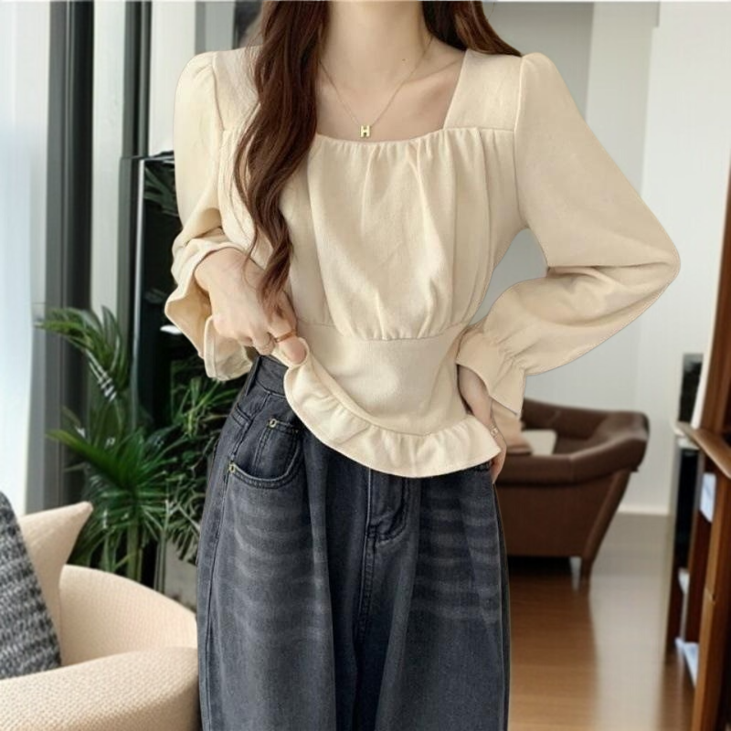 여성 패션 쇼트 쇄골 긴팔 셔츠 스퀘어넥 기질 여성 셔츠