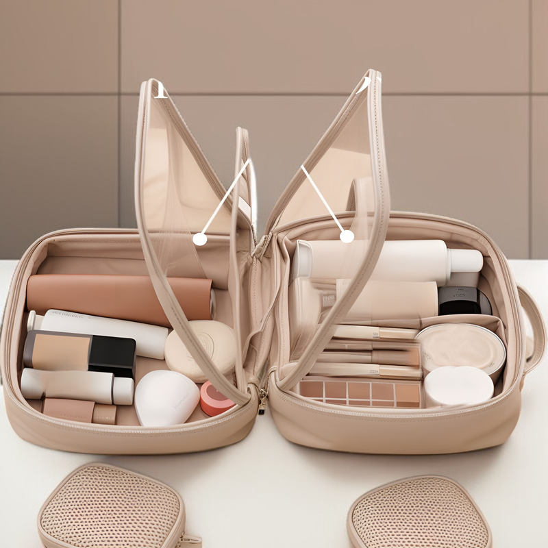 กระเป๋าเครื่องสำอางแบบพกพา ใส กันน้ำ ความจุใหญ่ พร้อมกระจก สำหรับเดินทาง