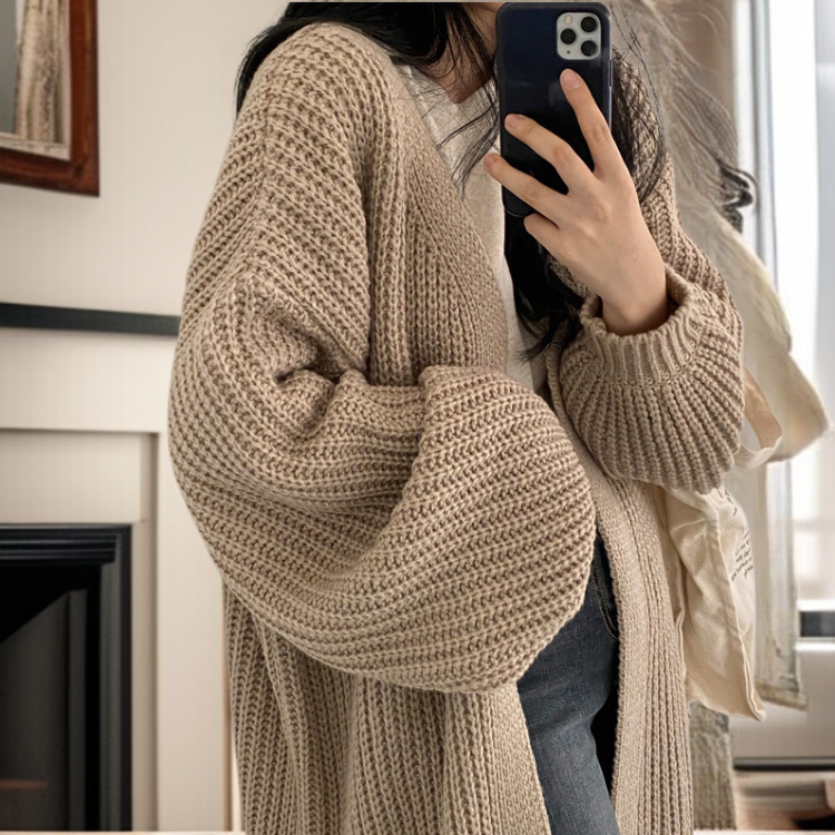 여성 루즈핏 날씬해 보이는 롱 니트 카디건 코트 벌룬 소매 니트 여 빈티지 나른한 니트