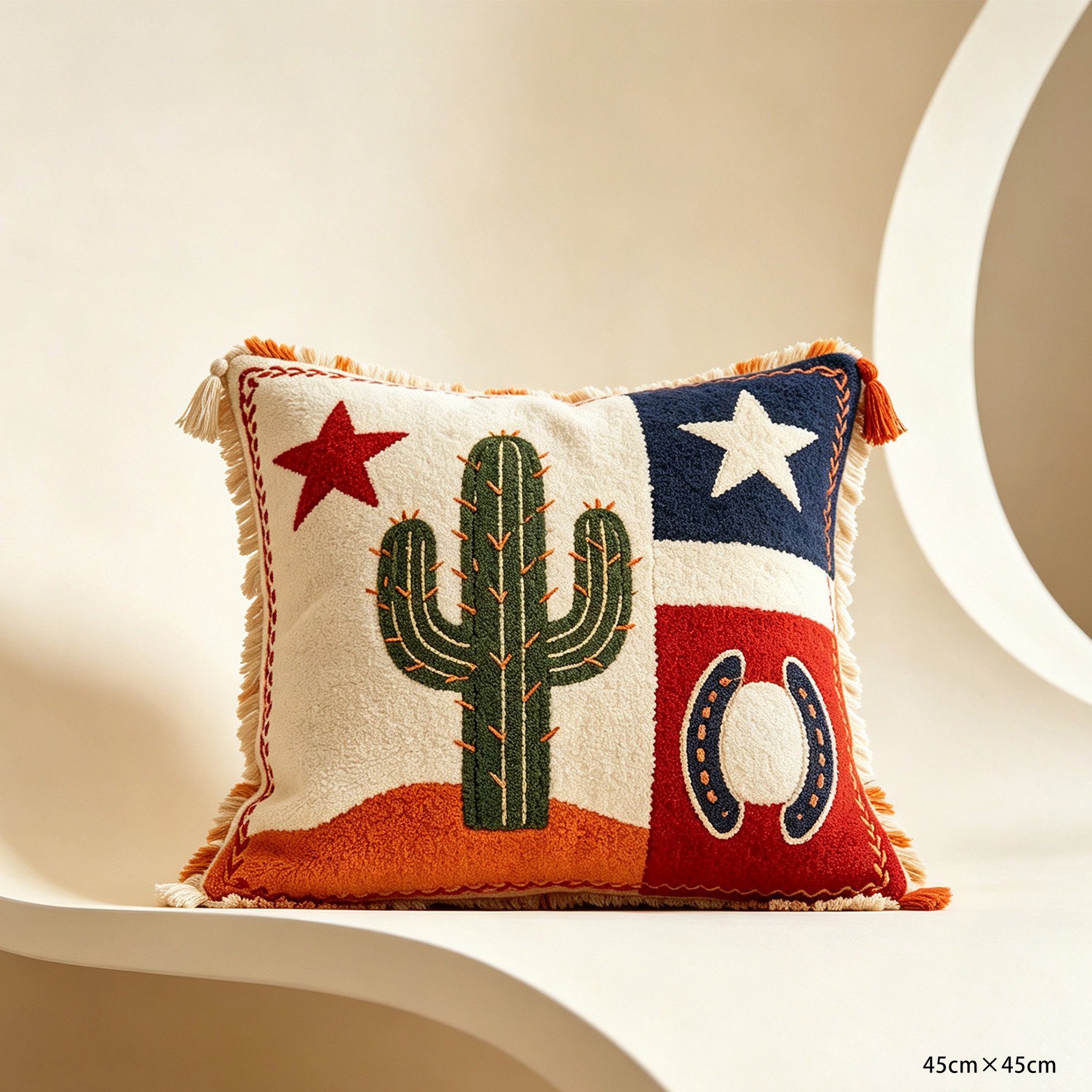 Farmhouse style pillow featuring cactus and horseshoe