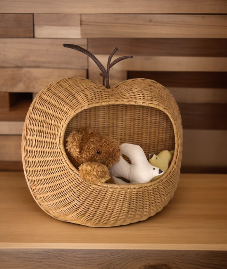 Eco-friendly rattan storage basket on white wall