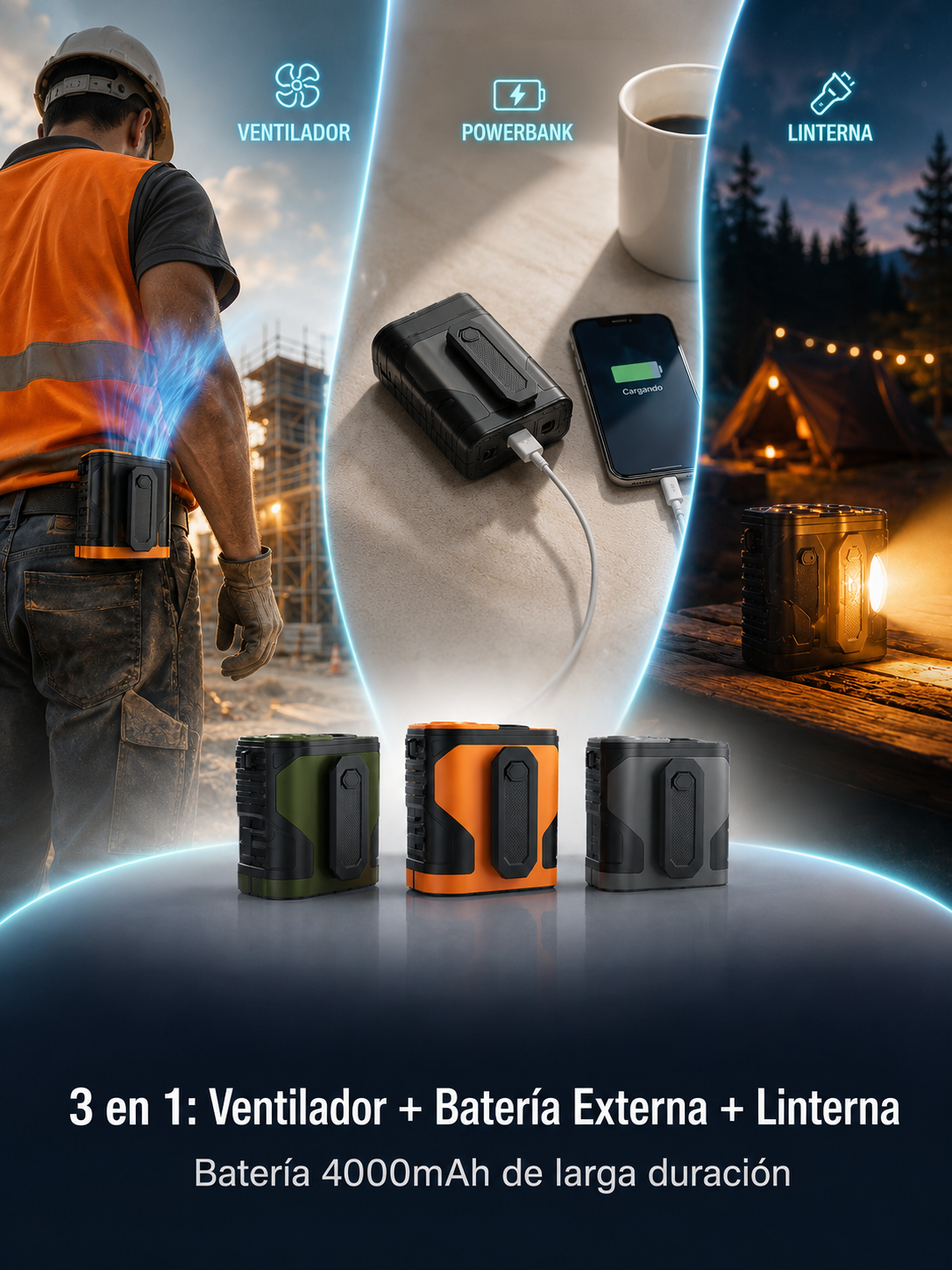 Ventilador de Cintura 3 en 1 (4000mAh): Enfriamiento Rápido 100 Velocidades + Power Bank + Linterna