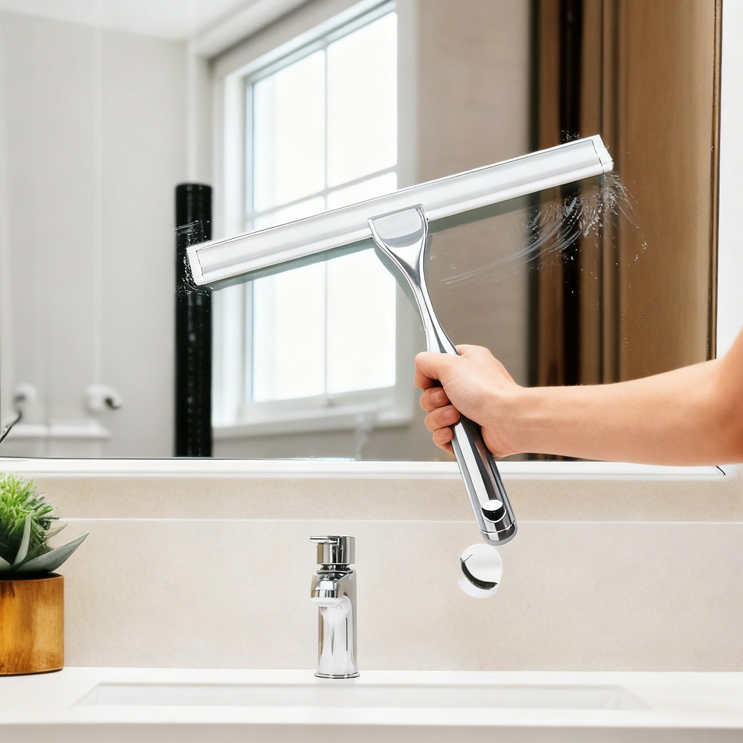 Modern bathroom with glass cleaned by wiper blade