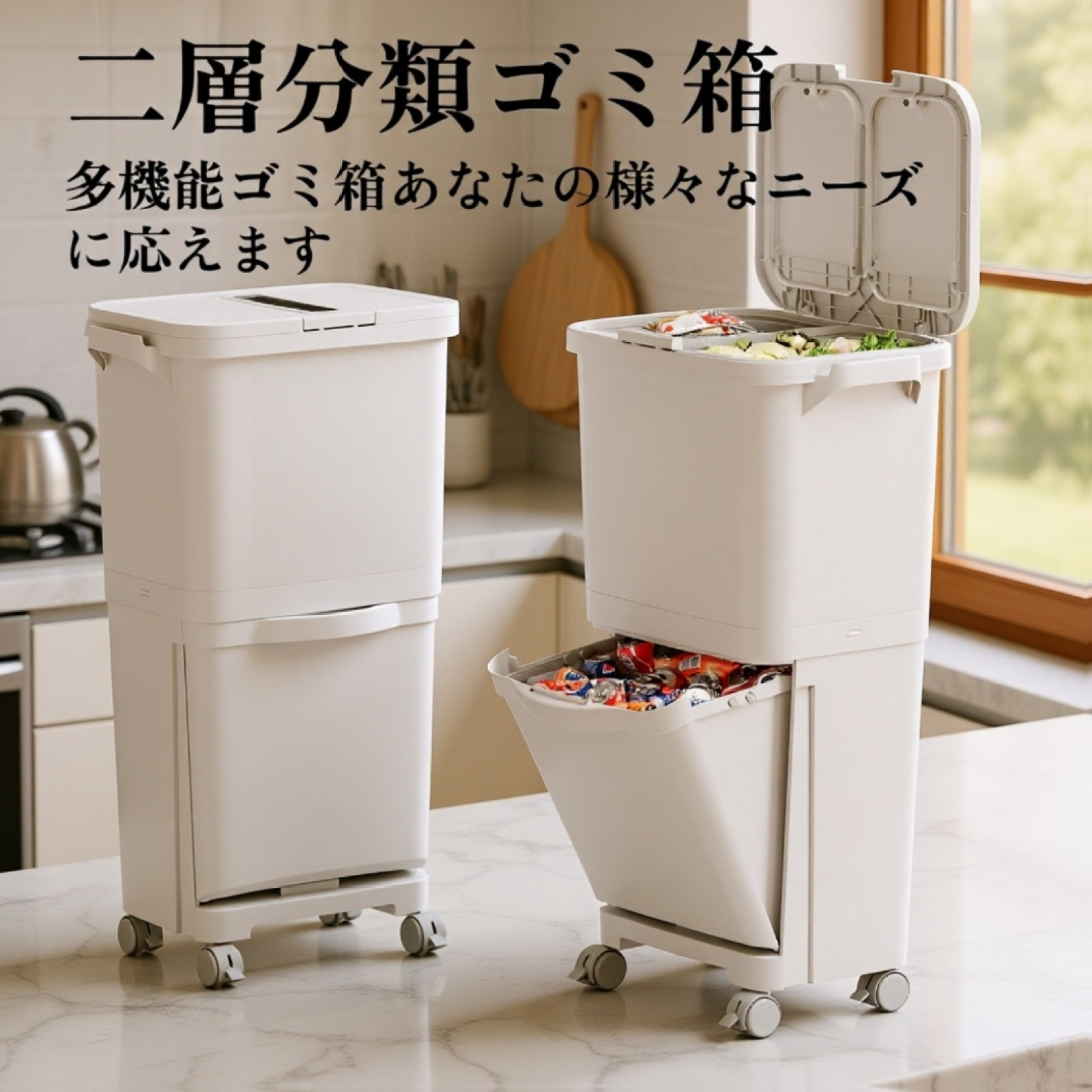 キッチン用大容量蓋付き二層乾湿分別ゴミ箱の全体画像