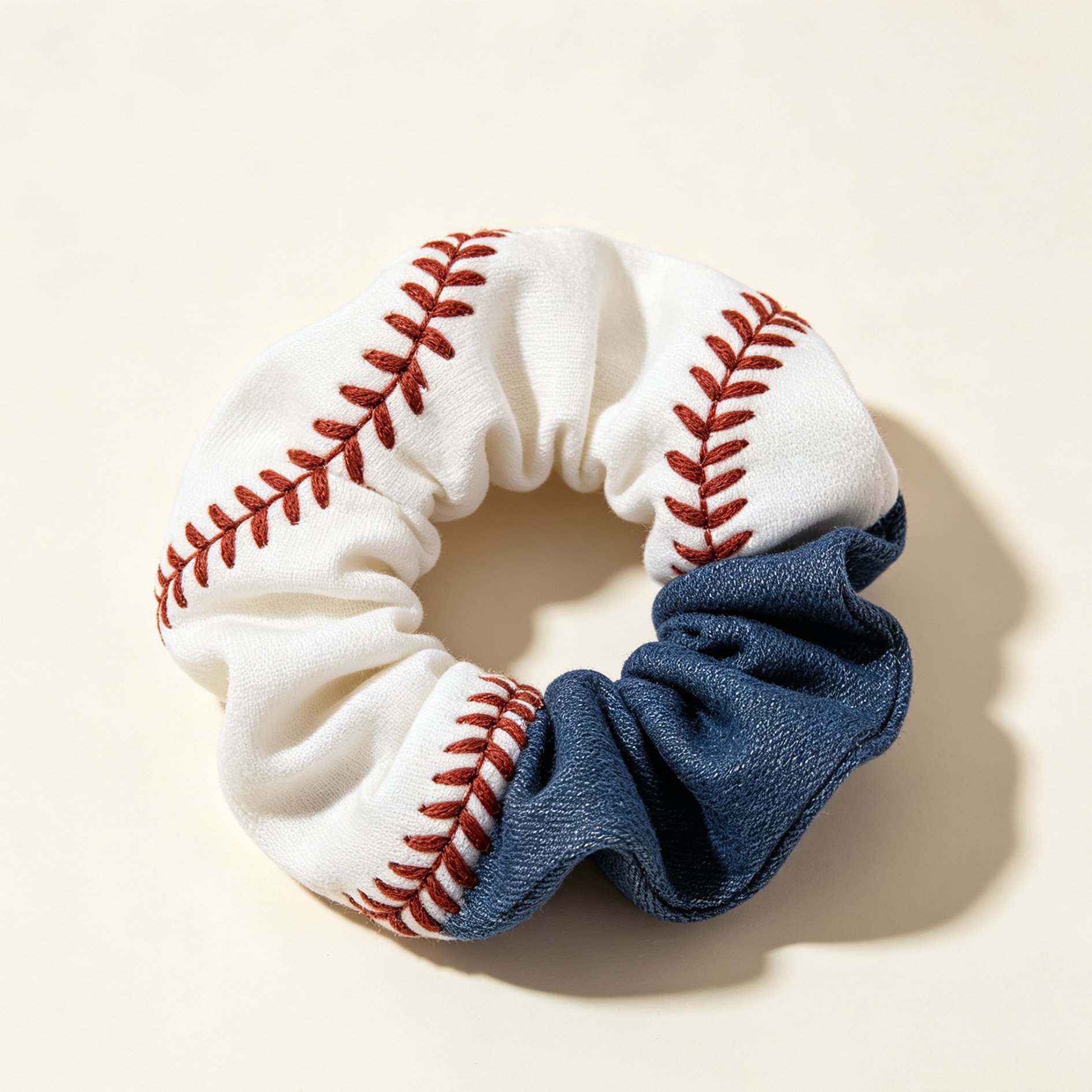 Baseball embroidered scrunchie close-up view