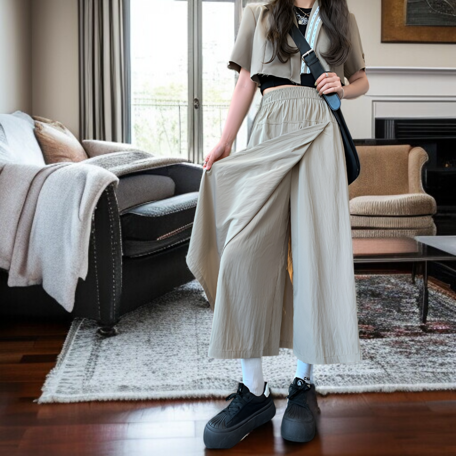 グレーヤマモトワークウェアスカートパンツレディース夏レディースハイウエストパンツAラインスプリットスカートパンツ小さいサイズアイスシルクワイドレッグパンツ