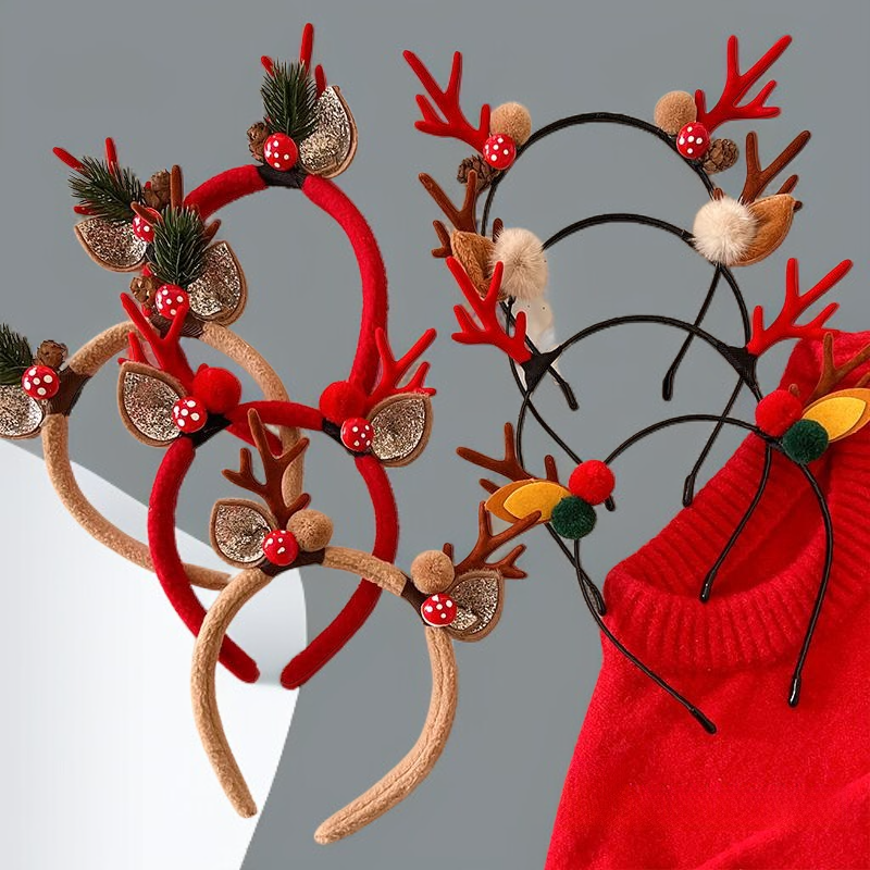新しい森スタイルのトナカイヘッドバンド、クリスマスレッドアントラーヘッドバンド、女性用、ヘアアクセサリー、ヘアクリップ、ヘッドウェア