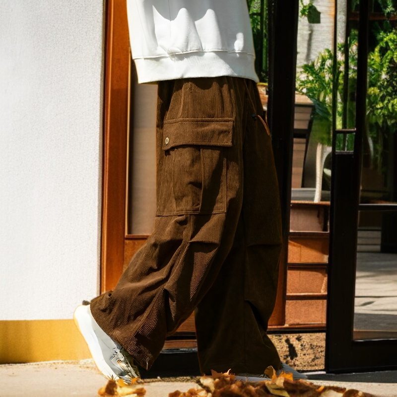 カップル秋冬コーデュロイストレートワイドパンツ メンズ アーミーグリーン