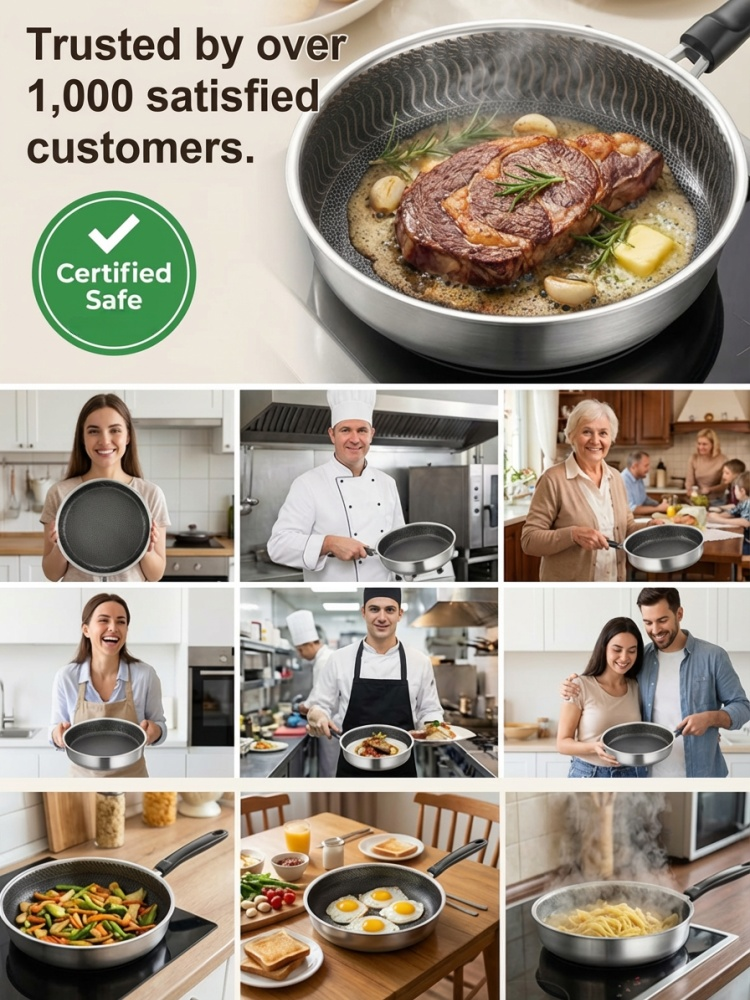 Stainless Steel Frying Pan for Cooking Eggs and Steaks