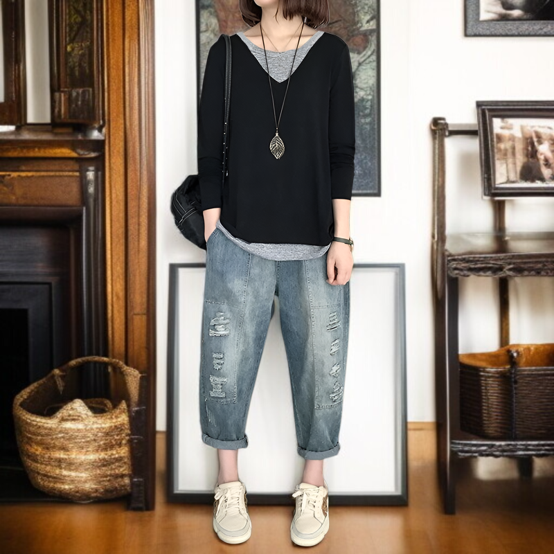 レディース秋長袖Tシャツ、秋パッチワークフェイクツーピースセット、新韓国スタイルカジュアルシックトップス、Tシャツベースレイヤー