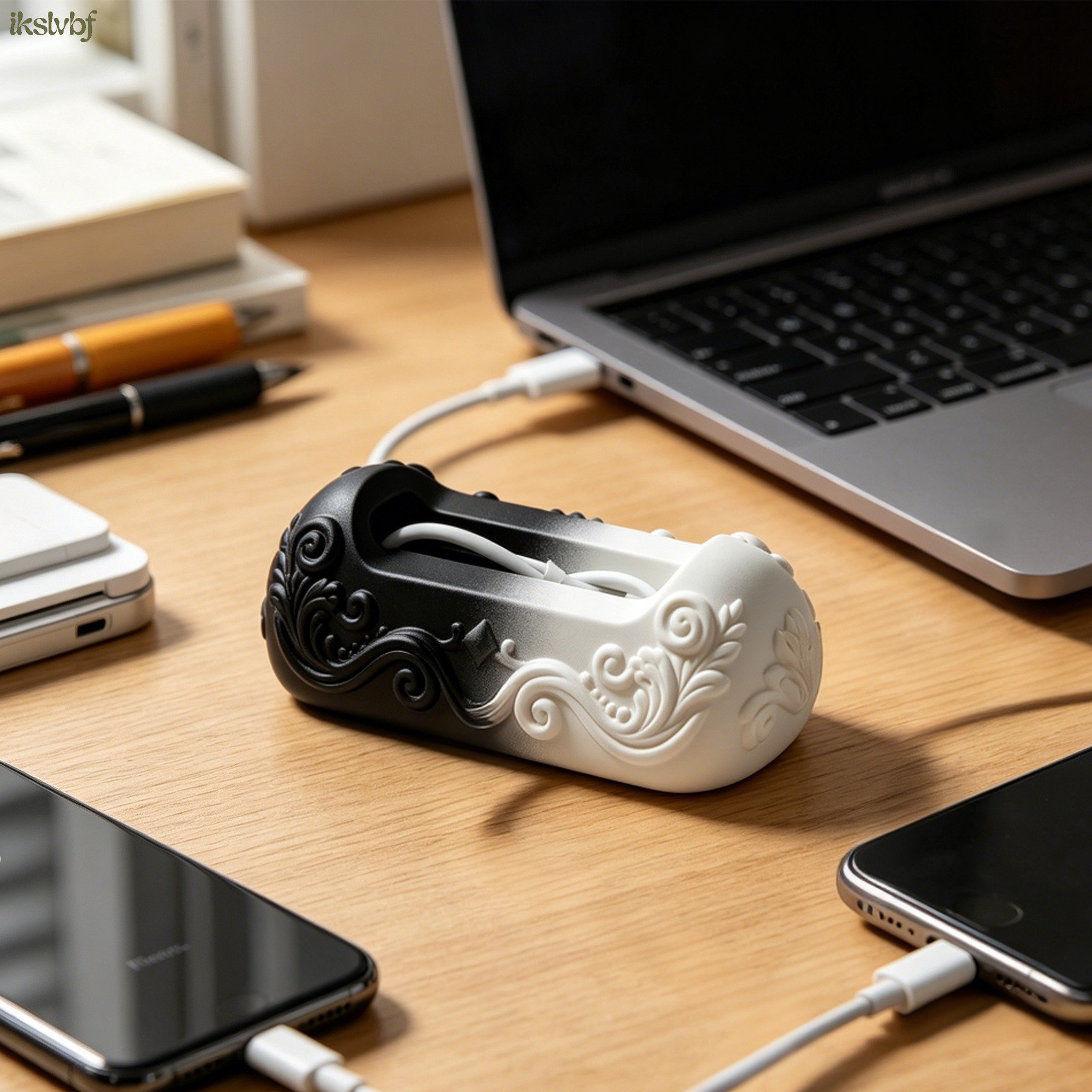Cable organizer on office desk with neatly arranged wires