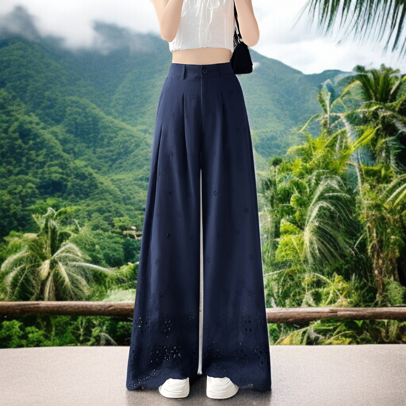 夏用中空ワイドレッグパンツ、フックフラワーワイドレッグパンツ、レディース2025新作、ハイウエストパンツ、スリムドレープレースパンツ、カジュアルストレートパンツ