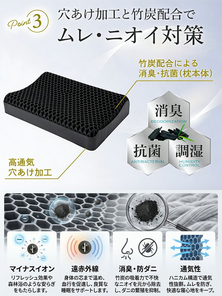  百貨店撤去品の在庫処分につき、完売次第終了！竹炭＋マイナスイオン配合の低反発枕（ペクチン入りジェル）