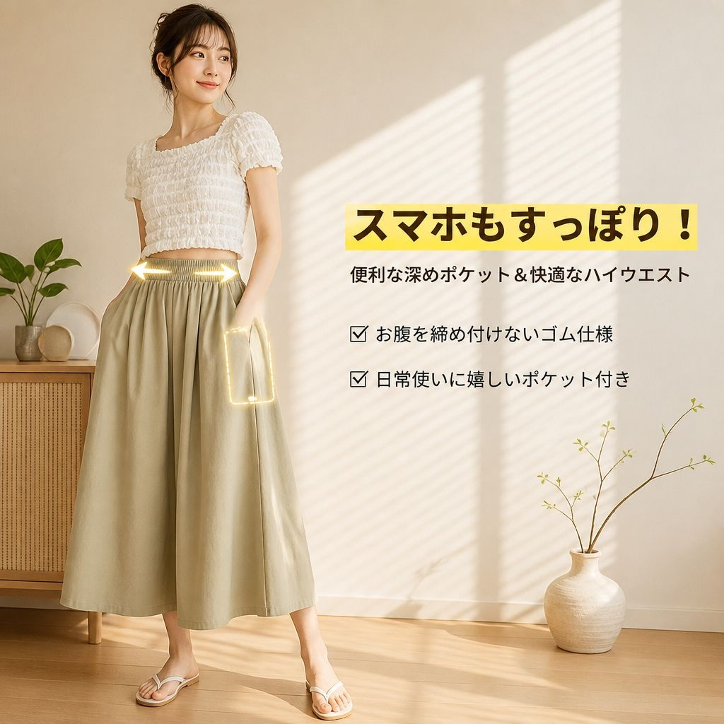 アイス薄手ワイドパンツスカート レディース 夏 ハイウエスト