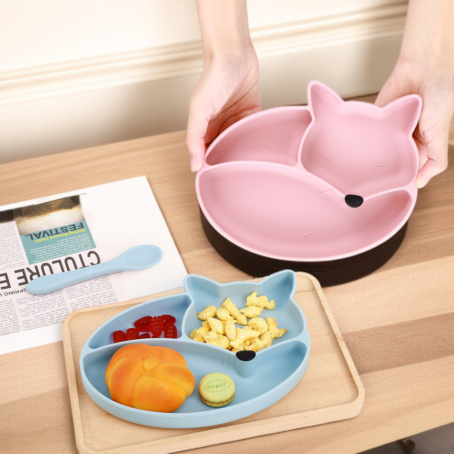  Infant Silicone Suction Bowl and Plate Set, Fox Design Feeding Tableware