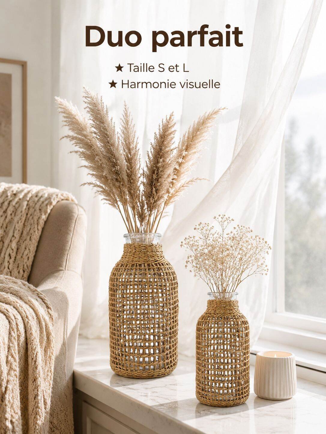 Vase en verre tressé à la main, récipient décoratif pour fleurs séchées