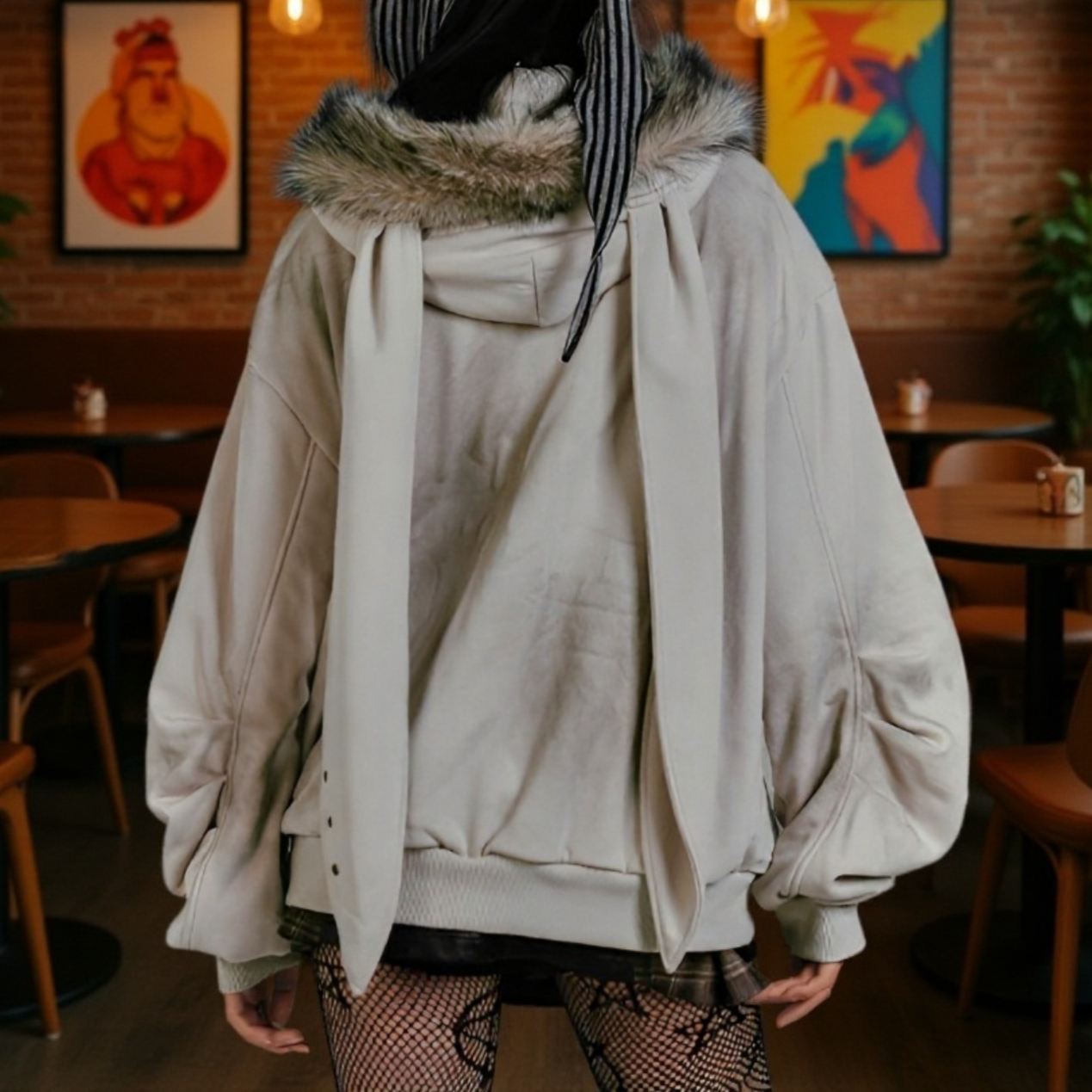 レトロアメリカン うさ耳フードパーカー 裏起毛 プリント入り レディースアウター 秋冬