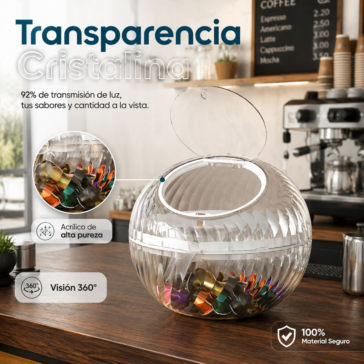 、chocolates y cápsulas de café, diseño simple y elegante