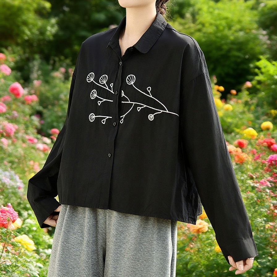 캐주얼룩에 어울리는 라지 자수 긴팔 셔츠