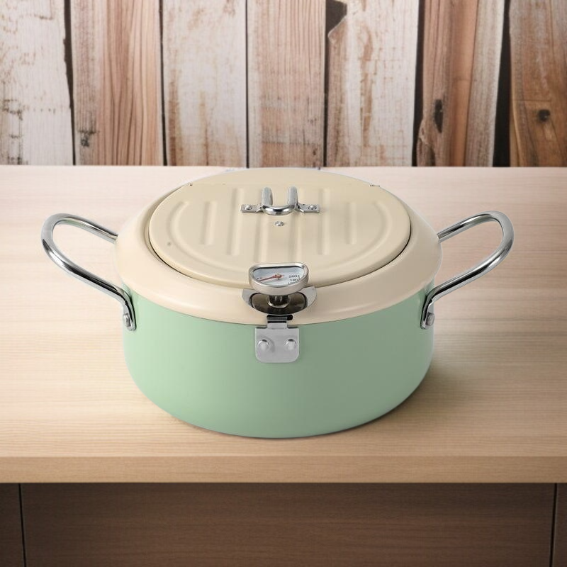 Japanese Iron Deep Fryer with Thermometer, Tempura Saver, Flip Cover Design