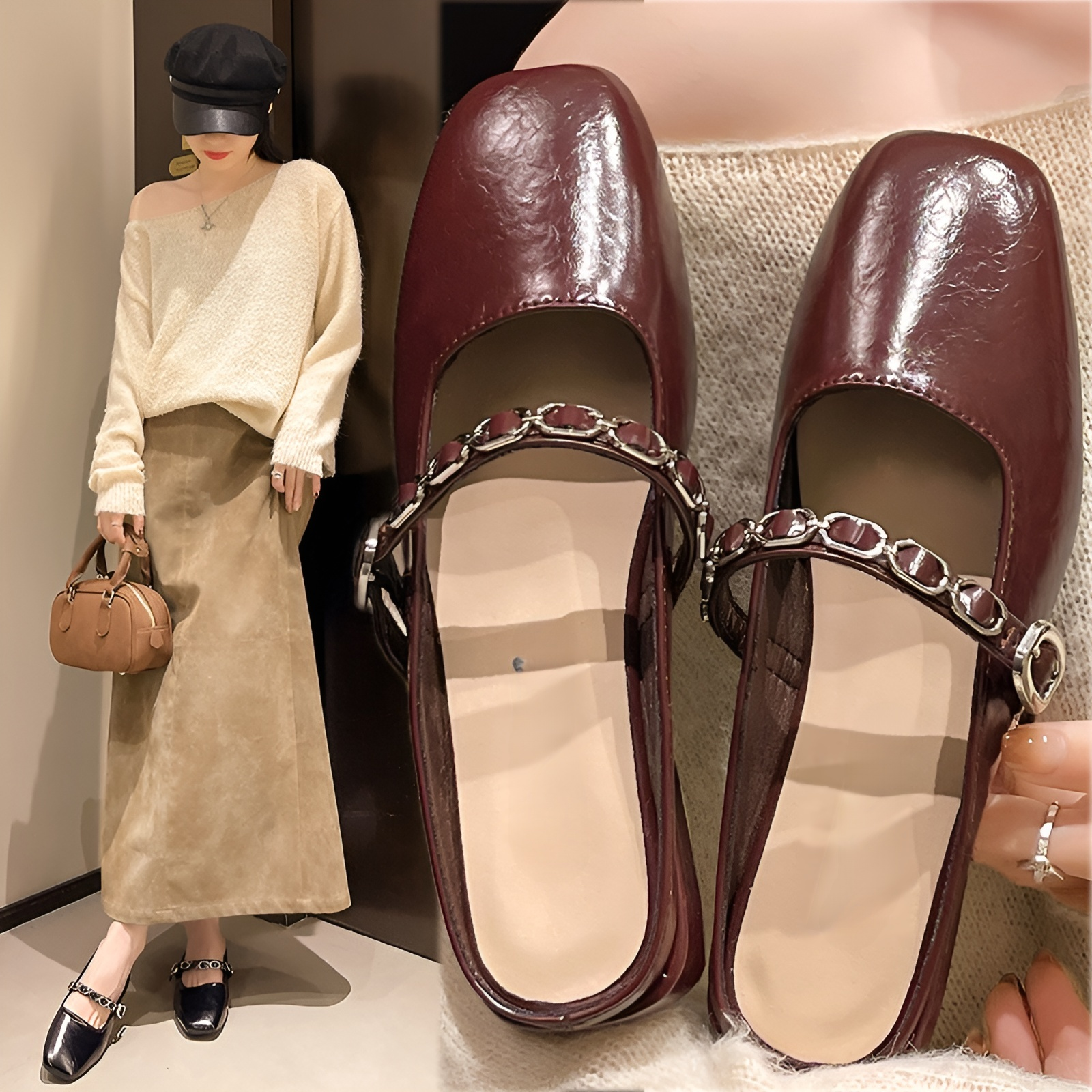 2025春夏サンダルファッションチェーンチャンキーヒールシングルシューズローヒールチェーンマッチングスカートサンダルレトロハーフスリッパレディースアウトドアサンダル