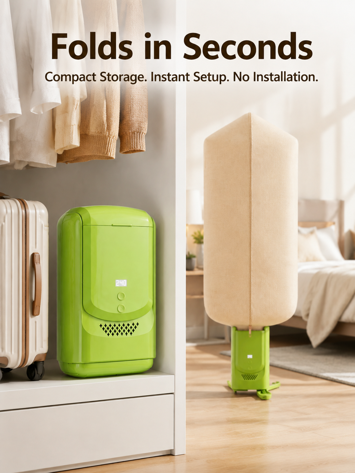 Small, foldable, portable clothes dryer; indoor drying; no installation required; 360° hot air funct