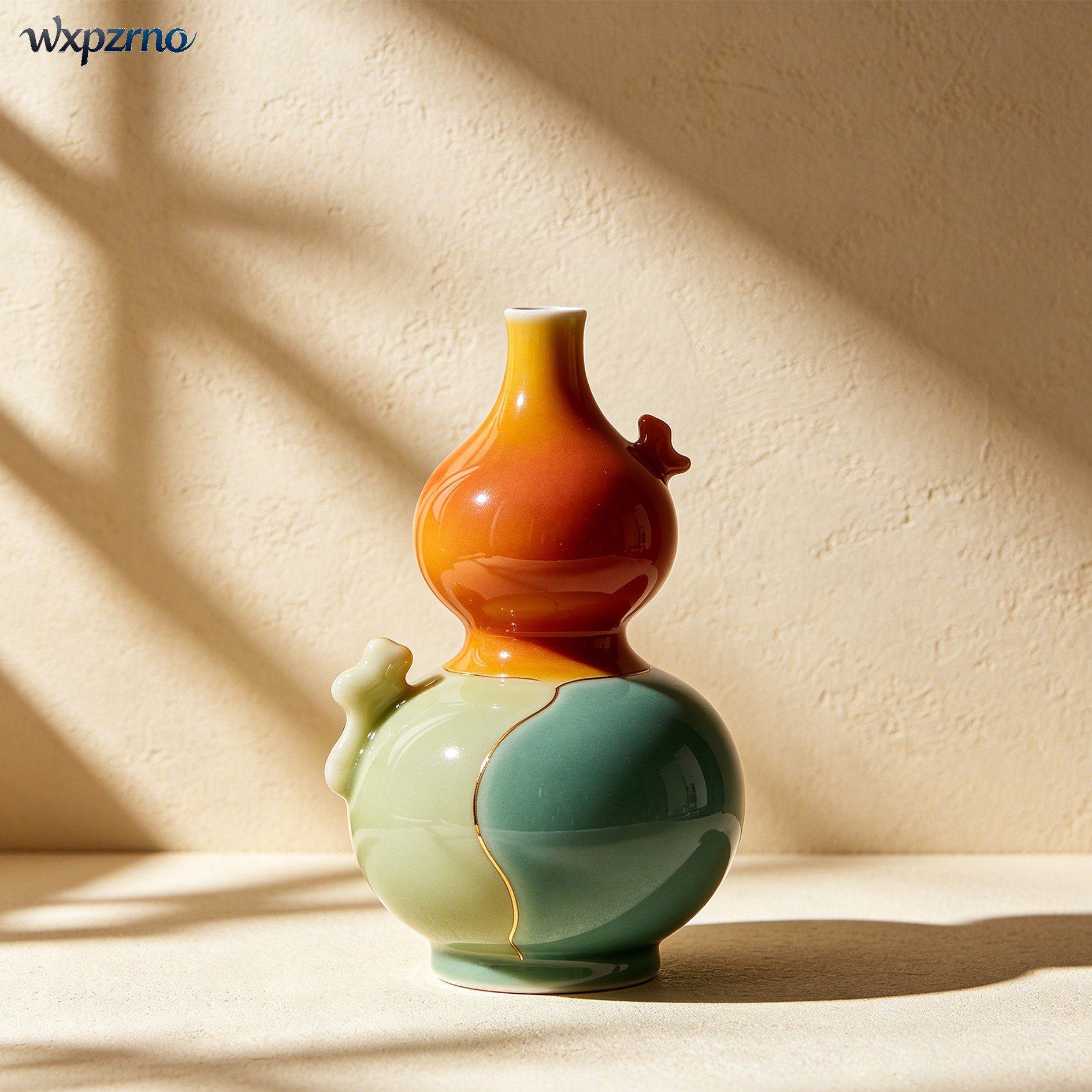 Close-up of dual-color ceramic vases with gourd design
