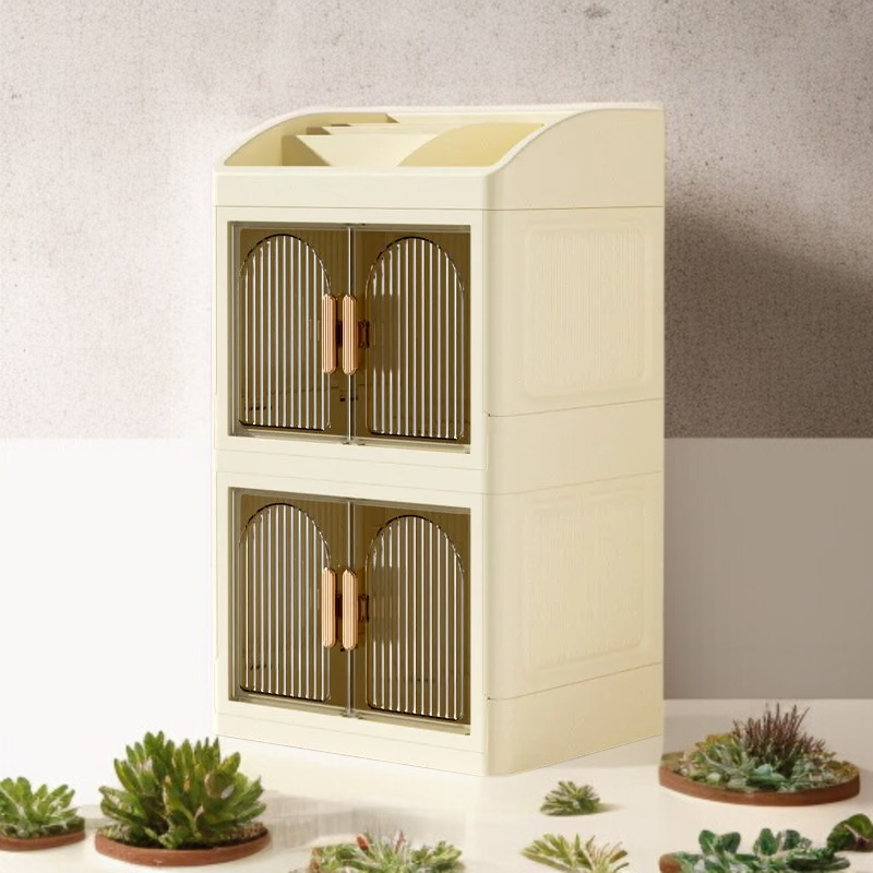 가정용 탁상 접이식 수납함 다용도 플라스틱 수납장 더블 도어 화장품 수납함 방진 레이어드 수납함