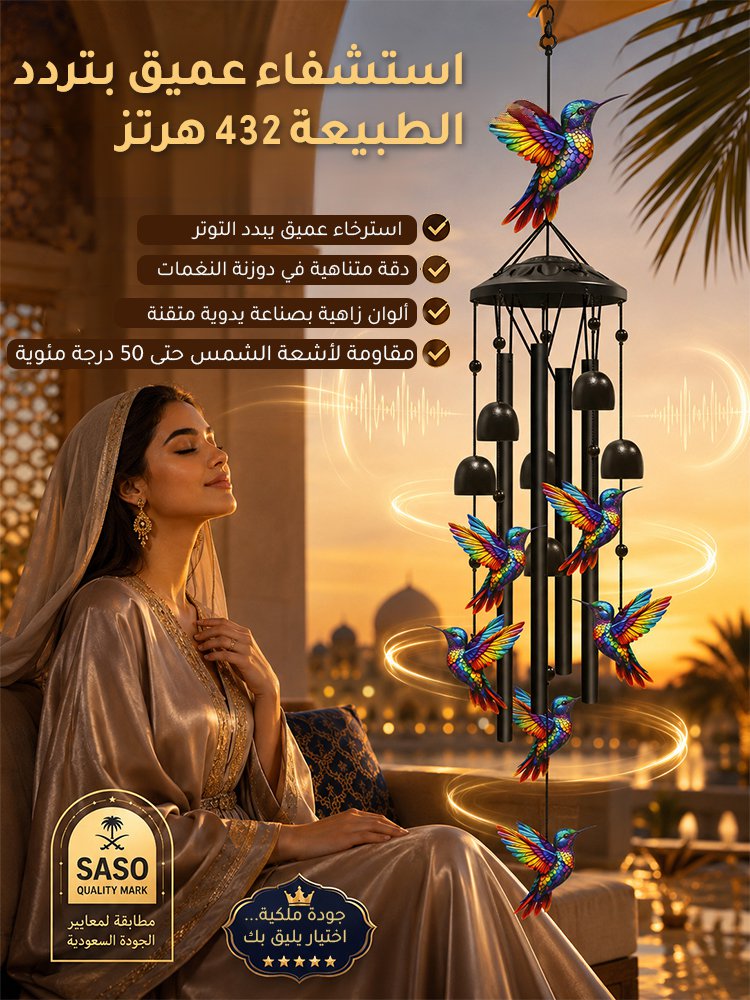 واحة ملكية فاخرة - أجراس الرياح الملونة بتصميم "طائر الطنان" للاستشفاء بالصوت بتردد 432 هرتز