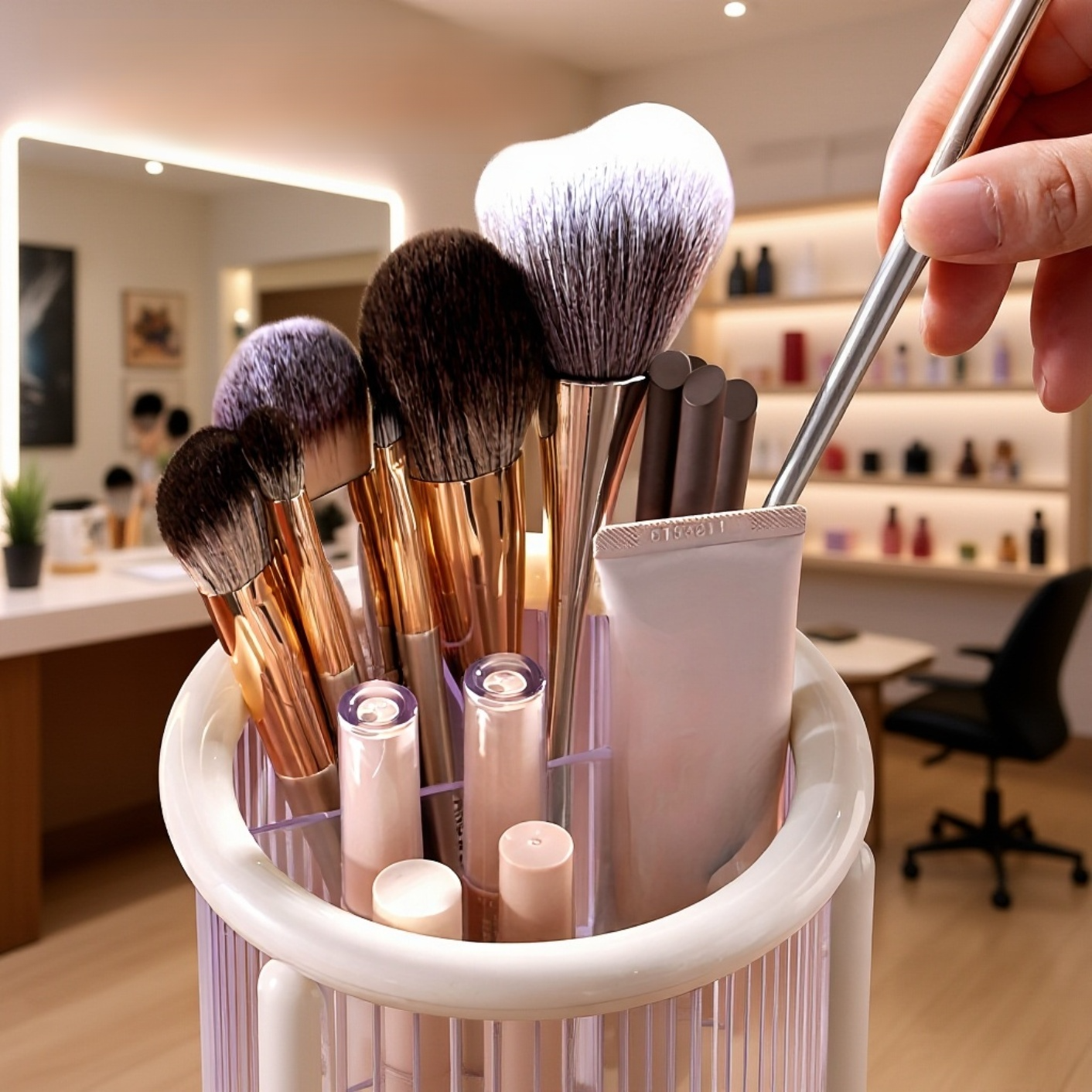 ドレッサー上のメイクアップ収納アイテム