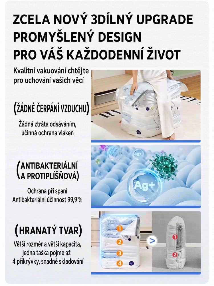 Zesílený 3D samouzavírací úložný vak bez nutnosti odsávání vzduchu