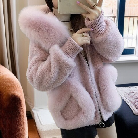 추동 모조 여우털 칼라 양털 트리밍 밍크 코트 여 추동 한국판 후드 숏 울 코트