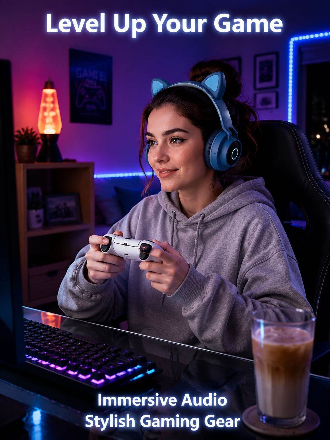Cute pluggable cat ears light-up wireless Bluetooth headphones
