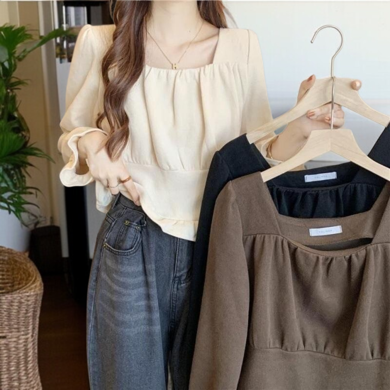 여성 패션 쇼트 쇄골 긴팔 셔츠 스퀘어넥 기질 여성 셔츠