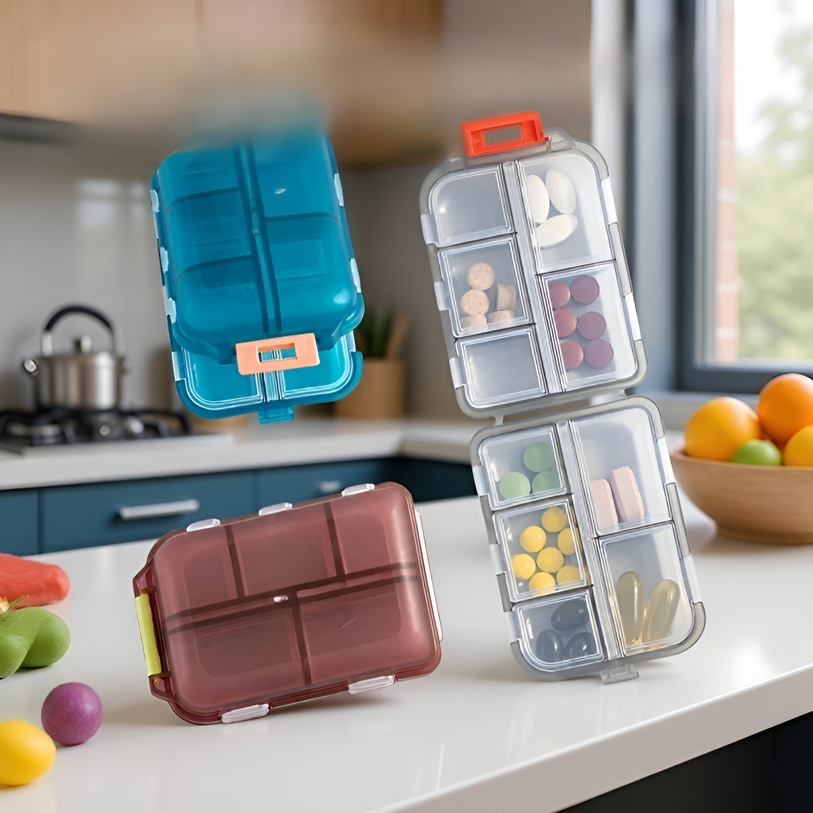 10-Compartment Sealed Portable Pill Case, Small PP Medicine Organizer