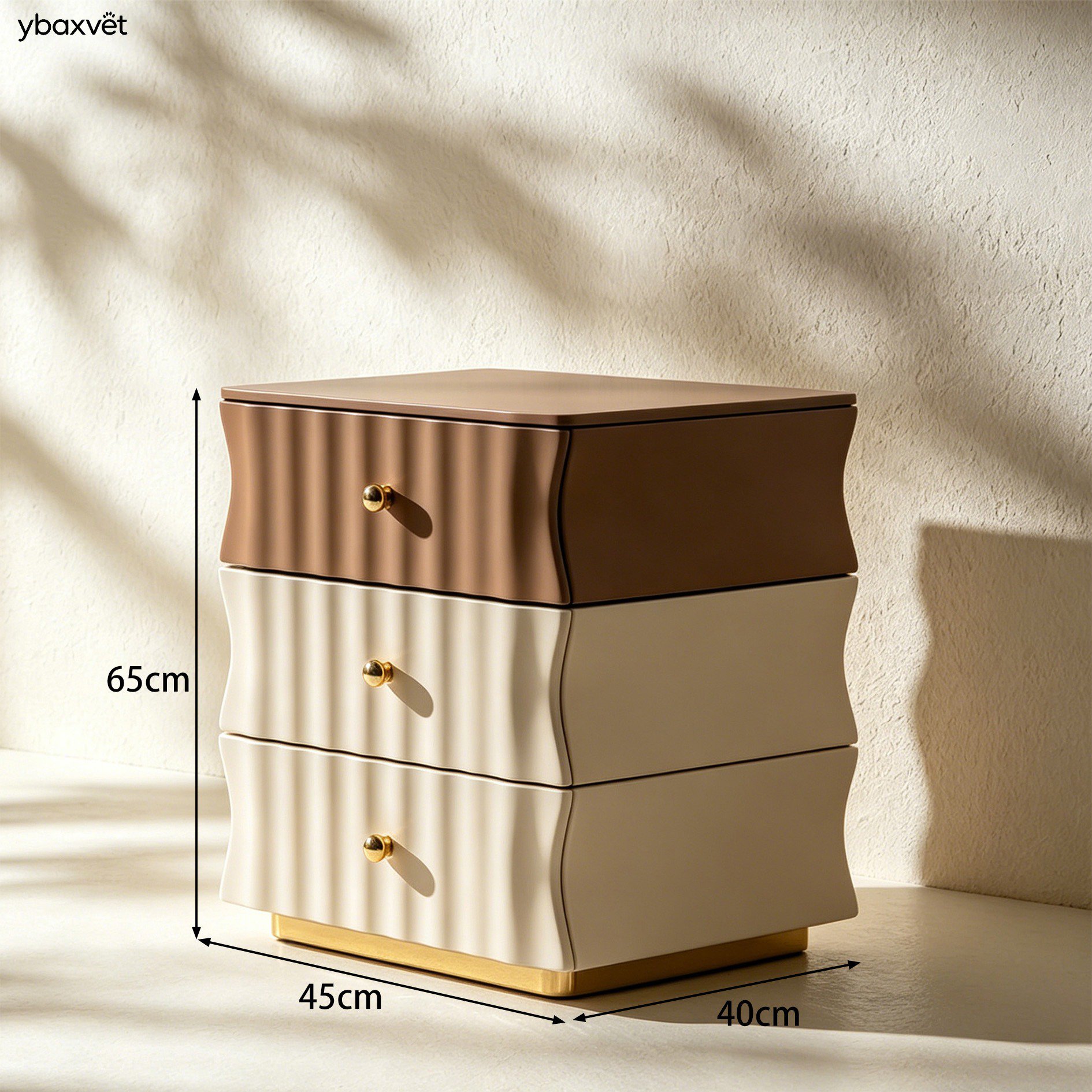 Wooden bedside table next to bed