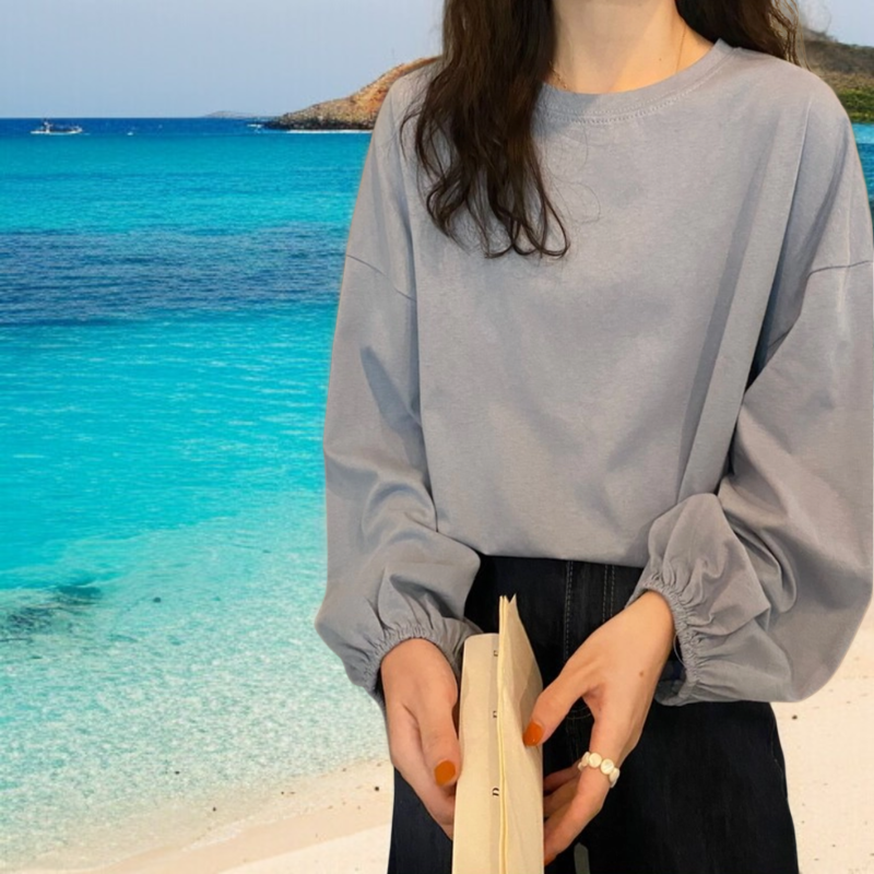 여성 얇은 맨투맨 가을 날씬해 보이는 루즈핏 벌룬 소매 긴팔 티셔츠 맨투맨 여성 맨투맨