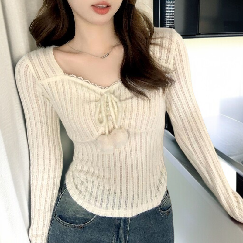 학식  여자 숙녀 니트 긴 소매 쇄골 트랜드 벨트 내탑 기본을 두다 짧은 저고리 색다르다 니트