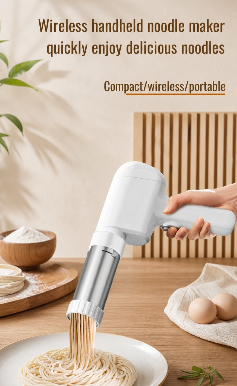 Handheld noodle maker in use making fresh pasta