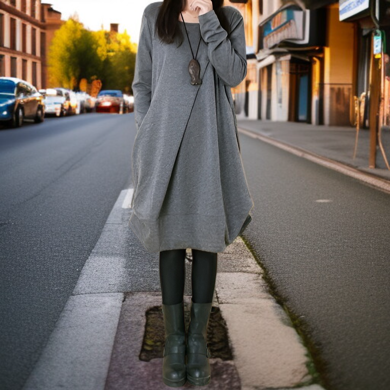 レディースプラスサイズゆったり長袖ワンピースプリーツラウンドネックゆったりワンピースレディースプラスサイズ長袖ワンピースプリーツラウンドネックゆったりワンピース