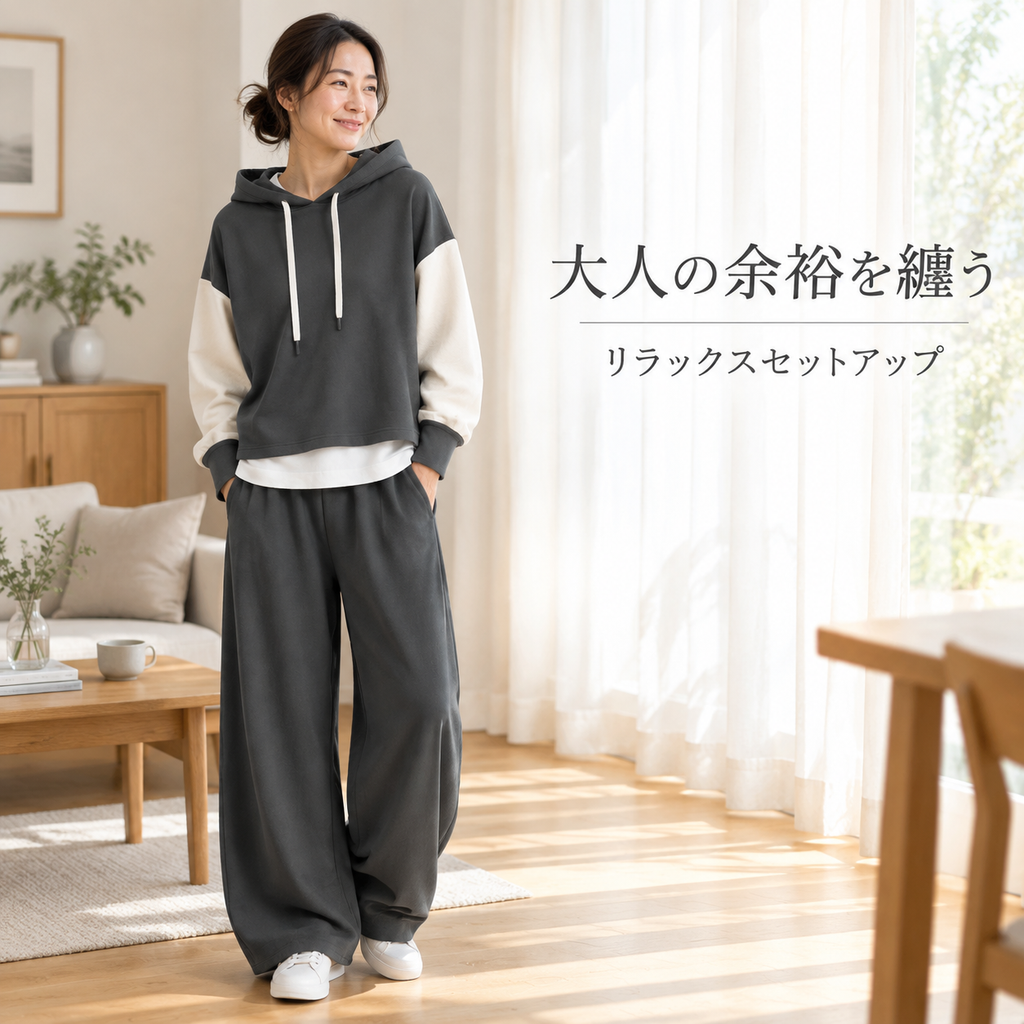 春秋冬新作 日系フード付き配色長袖トップス ワイドパンツ2点セット
