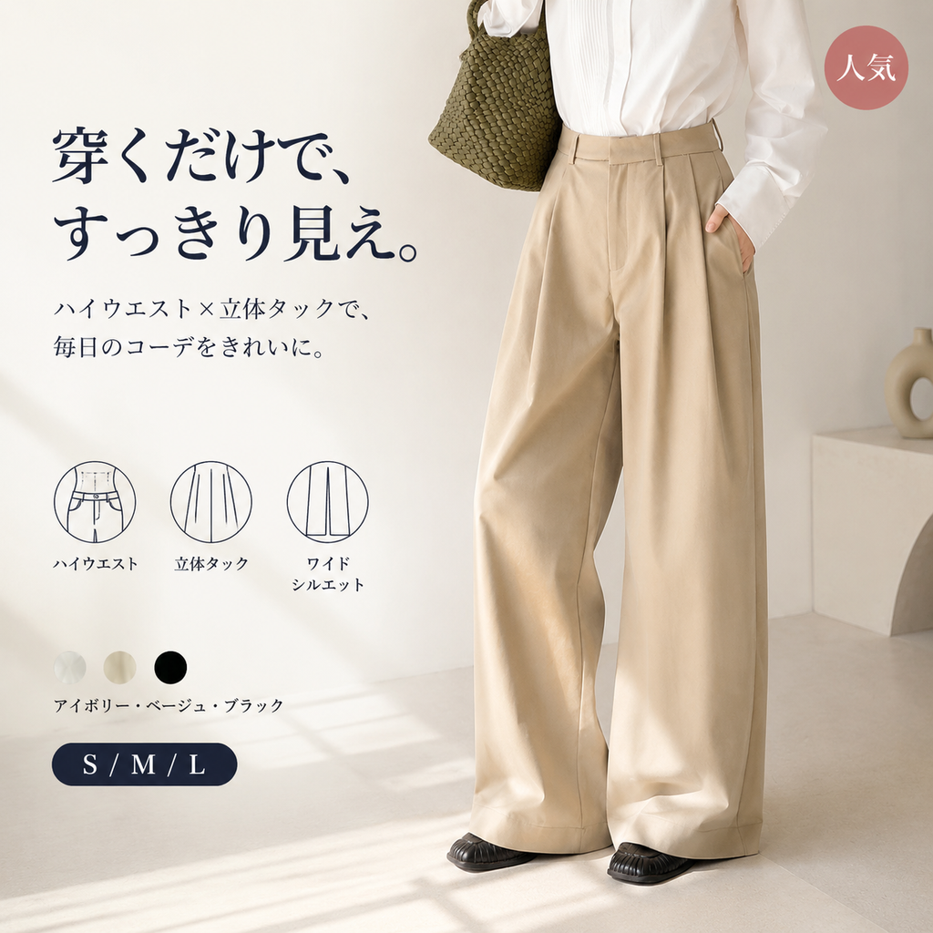 Monolly 着回し抜群 ハイウエスト ワイドパンツ