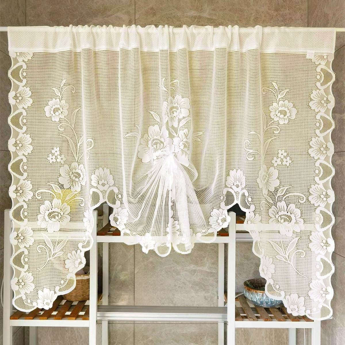 Cortina blanca de encaje con diseño de mariposa, estor enrollable de gasa tejida