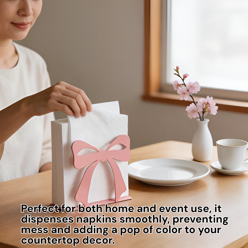 Pink Bow Metal Napkin Holder, Tabletop Decorative Tissue Dispenser for Parties and Kitchen