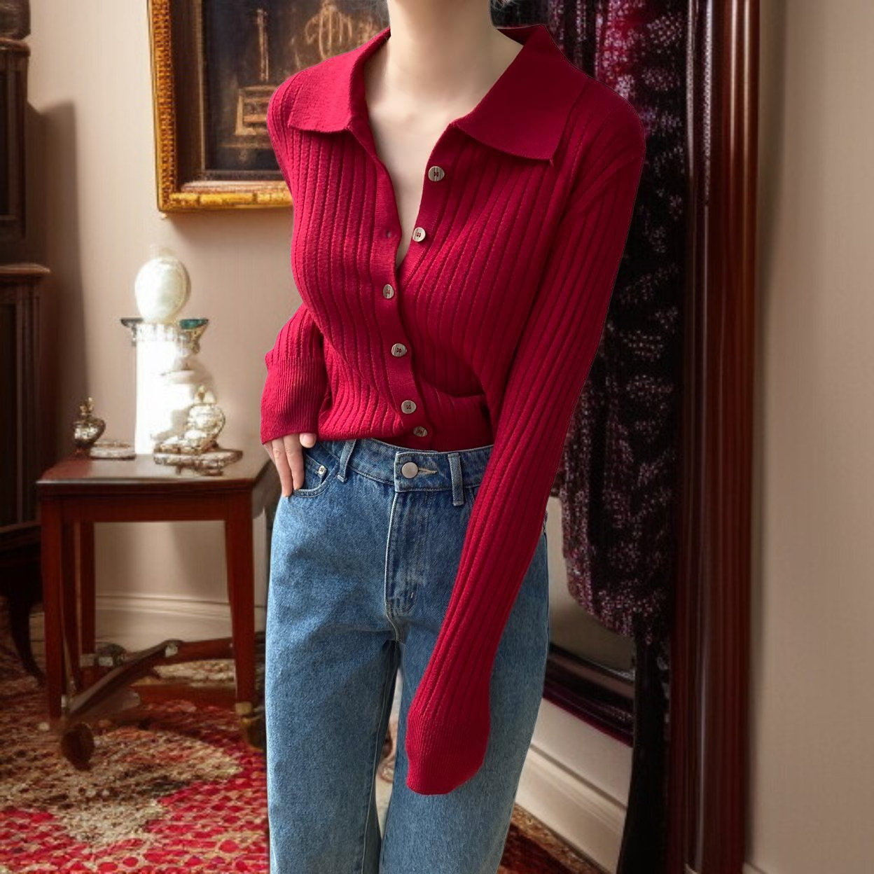 문예 감성 여성용 긴팔 니트 상의