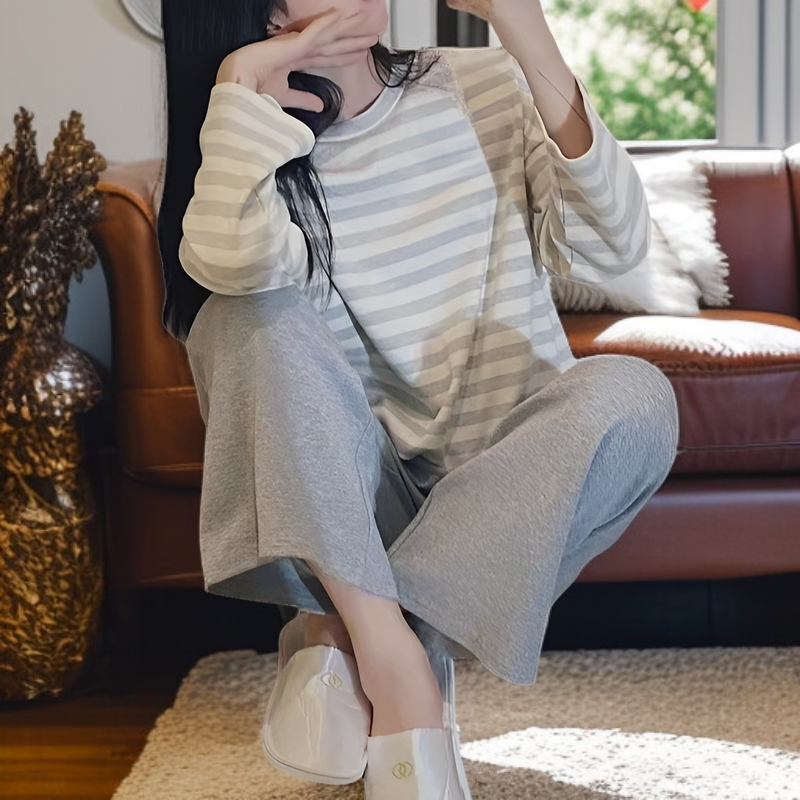 シンプル丸首長袖レディースルームウェアストライプセット